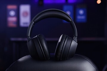 Sleek black headphones positioned against softly lit background,