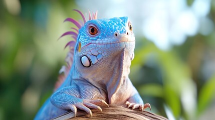 Fototapeta premium Vibrant blue iguana resting on a log. A striking iguana, showcasing vibrant blue scales, sits atop a log in a natural, out-of-focus background.