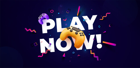 Colorful Game Controllers with Play Now Text on Dark Background. Perfect for Esports, Gaming Events, Promotions, and Streaming Channels. Fun and Energetic Style. Vector Illustration.