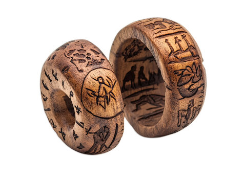 Traditional scout-style woggle for neckerchief, carved from wood with adventure motifs, partially opened, white background