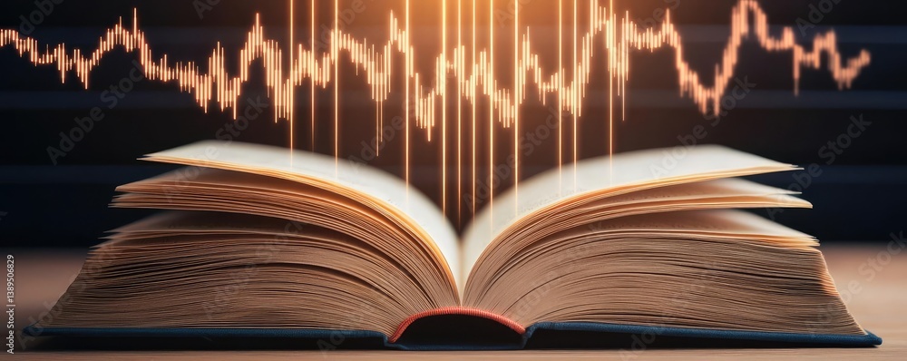 Poster open book with vertical digital lights chart in historical finance concept. an open book emanating s
