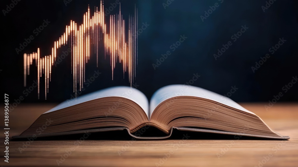 Poster open book with vertical digital lights chart in historical finance concept. open book with growth ch
