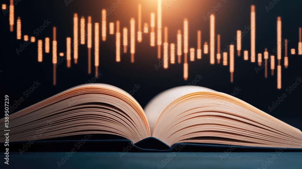 Poster open book with vertical digital lights chart in historical finance concept. open book with data visu