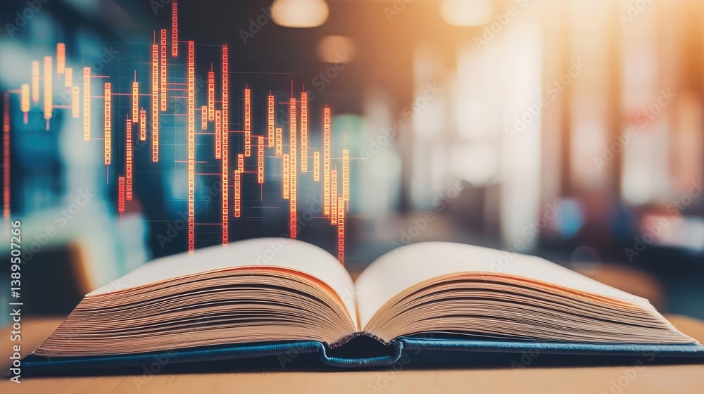 Poster open book with contemporary vertical digital lights stock chart concept. open book with digital data