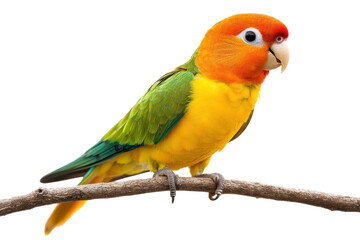 A vibrant Sun Parakeet perched on a branch showcasing its bright yellow green and orange plumage