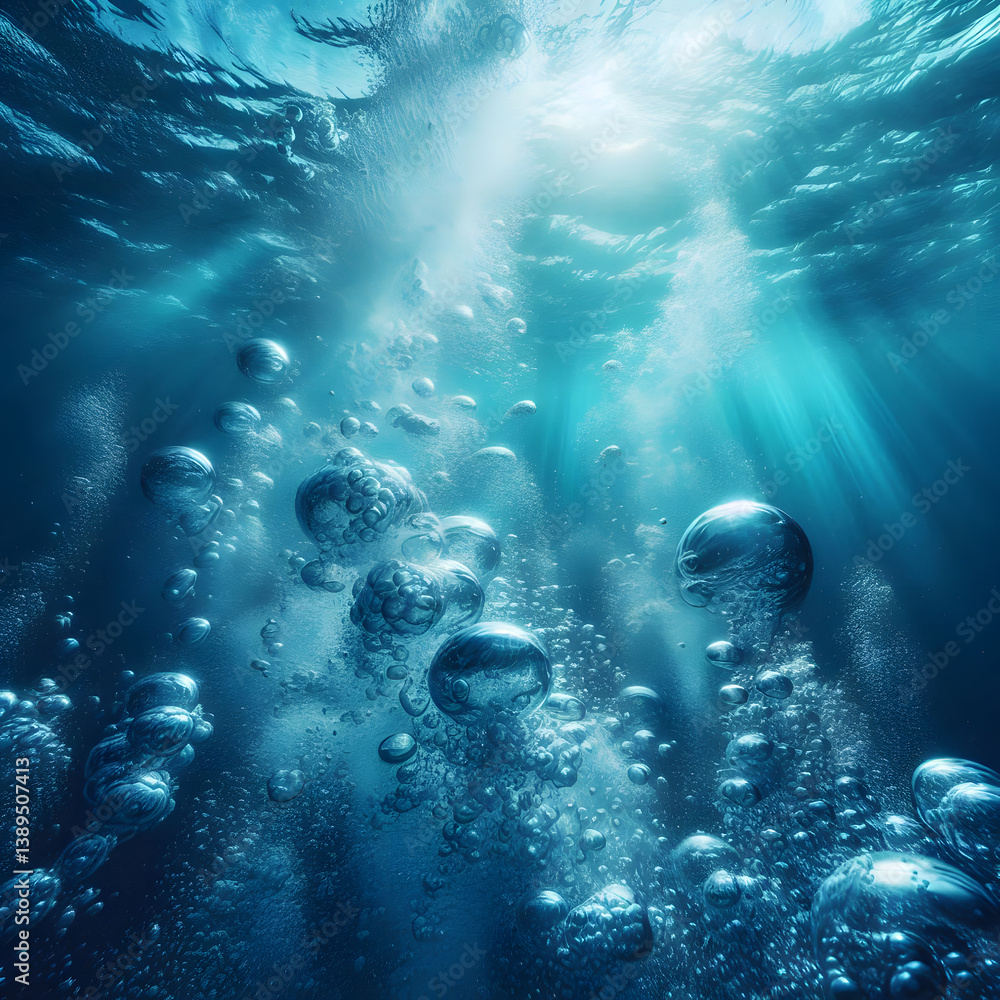 Poster Bubbles of various sizes rise through a deep blue underwater scene, illuminated by light filtering from above Generative AI