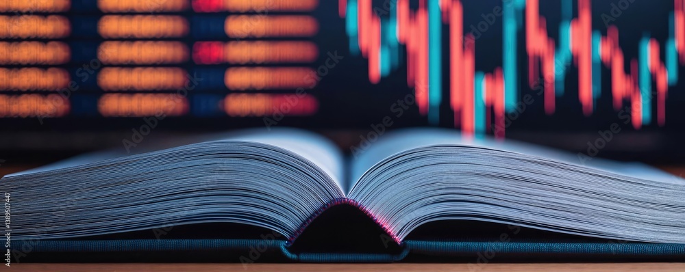 Poster open book with vertical digital lights chart in historical finance concept. open book with financial