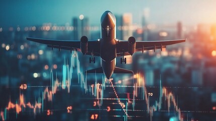 Merged Double Exposure Cargo Plane Taking Off Over City Skyline