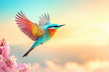 Obraz premium Beautiful bird flying against a vibrant sky with colorful plumage and blossoms, beautiful colored bird on the background of the sky