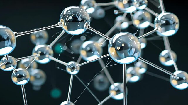 Close-up of large, round, crystal-clear hyaluronic acid molecules with strings tied together, similar to glass