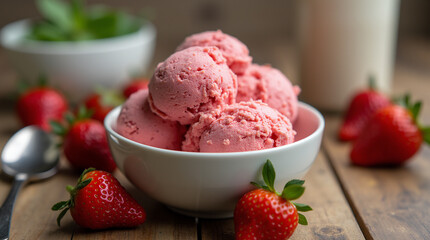 Homemade strawberry ice cream in a bowl on the wooden table. Healthy summer dessert.