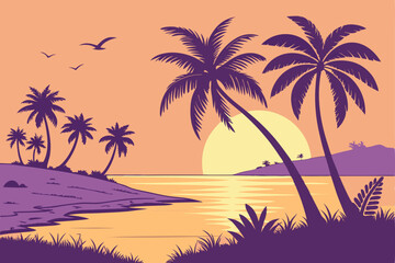 96 Tropical sunset, palm tree silhouettes, vibrant gradient sky, purple and orange hues, golden sun, calm ocean reflection, island landscape, serene beach scene, vector-style illustration, minimalist 