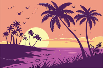 96 Tropical sunset, palm tree silhouettes, vibrant gradient sky, purple and orange hues, golden sun, calm ocean reflection, island landscape, serene beach scene, vector-style illustration, minimalist 