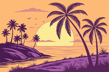 96 Tropical sunset, palm tree silhouettes, vibrant gradient sky, purple and orange hues, golden sun, calm ocean reflection, island landscape, serene beach scene, vector-style illustration, minimalist 