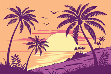 96 Tropical sunset, palm tree silhouettes, vibrant gradient sky, purple and orange hues, golden sun, calm ocean reflection, island landscape, serene beach scene, vector-style illustration, minimalist 