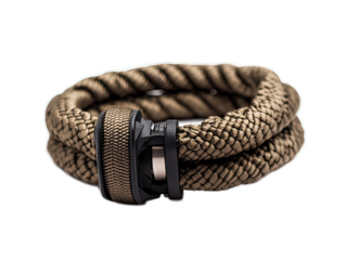 Tactical survival bracelet unwound to show 15 feet of paracord, with integrated fishing line, fire starter, and small compass, white background