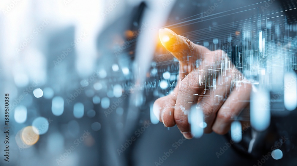 Poster businessman hand pointing at digital data interface in closeup view