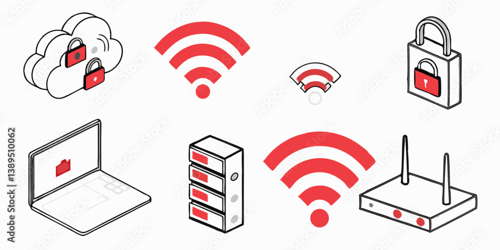 Poster isometric cybersecurity network cloud data protection and security graphic icons: wifi router server