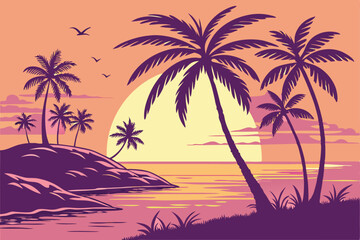 96 Tropical sunset, palm tree silhouettes, vibrant gradient sky, purple and orange hues, golden sun, calm ocean reflection, island landscape, serene beach scene, vector-style illustration, minimalist 