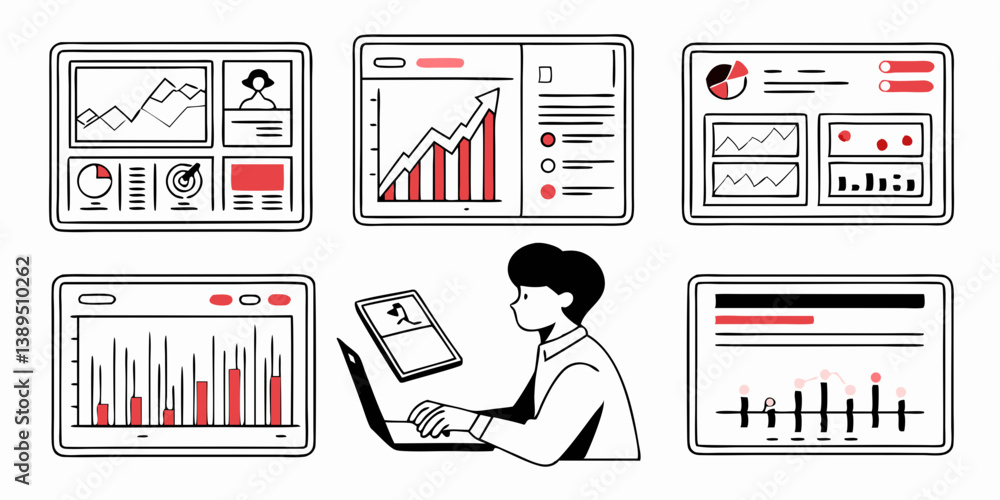 Poster business data analytics dashboard: flat vector illustration of person analyzing charts & graphs on l