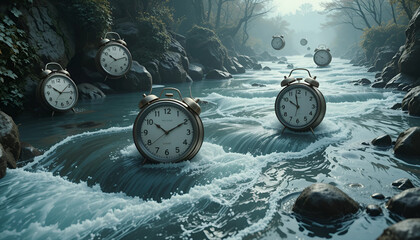a scene where time is represented as a flowing river, with clocks and calendars floating along the current, creating a sense of movement and the passage of time in a surreal manner.
