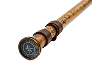 Handcrafted expedition walking stick with compass embedded in handle, measuring notches along shaft, leather wrist strap attached, white background
