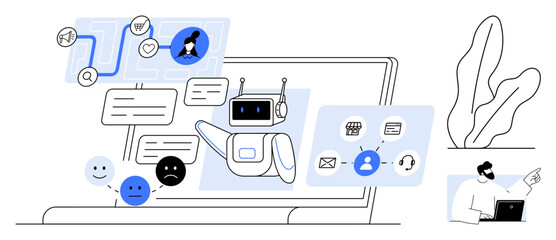 Chatbot interacting through texts and emotions on laptop screen with user feedback and process flow. Ideal for AI automation, chat support, communication, feedback, technology, user interface, flat
