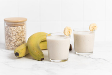 Banana Smoothie with Oats, Healthy Food, Vegan or Vegetarian Diet Food Concept
