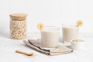 Banana Smoothie with Oats, Healthy Food, Vegan or Vegetarian Diet Food Concept