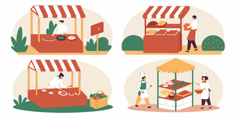Food Market Stalls Vector Illustration Chefs Cooking Street Food at Outdoor Market Stands Flat Design Style