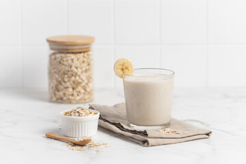 Banana Smoothie with Oats, Healthy Food, Vegan or Vegetarian Diet Food Concept