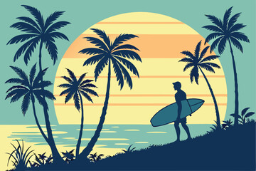 97 Tropical beach sunset, silhouette of surfer holding surfboard, palm trees, gradient sky from blue to yellow, vibrant colors, retro style illustration, vector art, minimalist design, summer vacation