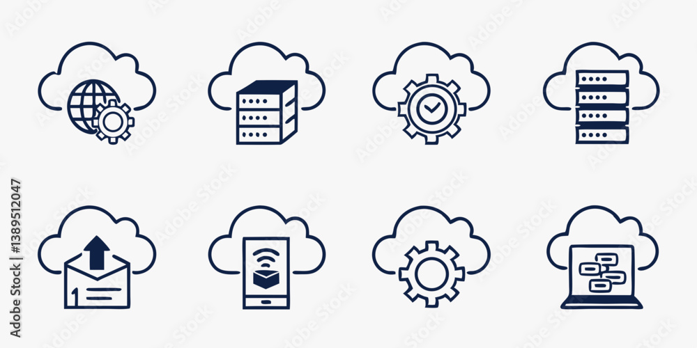 Poster simple outline cloud computing technology icons set data network globe server gear email phone lapto