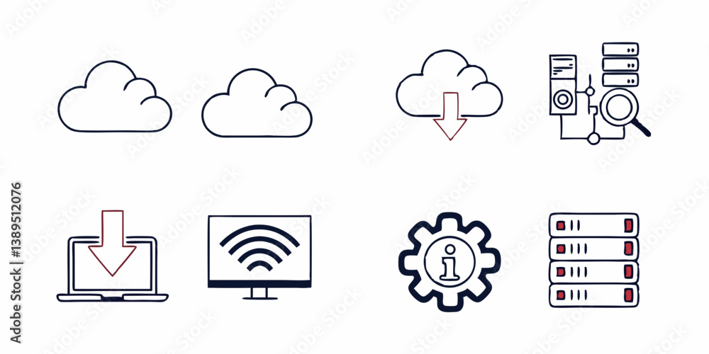 Poster cloud computing data network icons vector set: servers, download, settings, information, analysis - 