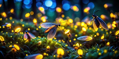 Glowing Firefly Lightning Bugs on Black Background - Nature Stock Photo