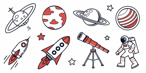 Space Doodles: Planets, Rockets, Telescope, Astronaut, Stars - Black and Red Cartoon Line Art Vector Illustration for Kids and Astronomy Education