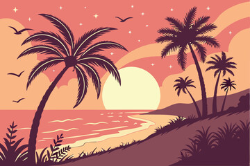 98 Tropical sunset, palm tree silhouettes, gradient sky, vibrant colors, orange and pink hues, large sun on horizon, calm ocean, beach landscape, starry sky, vector art style, flat design, silhouette 