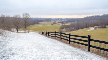 Fototapeta premium A snow-covered path bordered by black wooden fence leading through a serene countryside landscape, and overcast winter day with distant rolling hills.