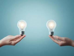 Two hands reaching out with glowing light bulbs, symbolizing ideas, innovation, and collaboration in the business world.
