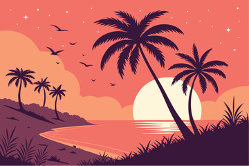 98 Tropical sunset, palm tree silhouettes, gradient sky, vibrant colors, orange and pink hues, large sun on horizon, calm ocean, beach landscape, starry sky, vector art style, flat design, silhouette 