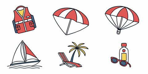 Summer Beach Cartoon Icons: Beach Gear - Life Vest, Umbrella, Parachute, Sailboat, Chair, Palm, Sunglasses, Water Bottle Vector