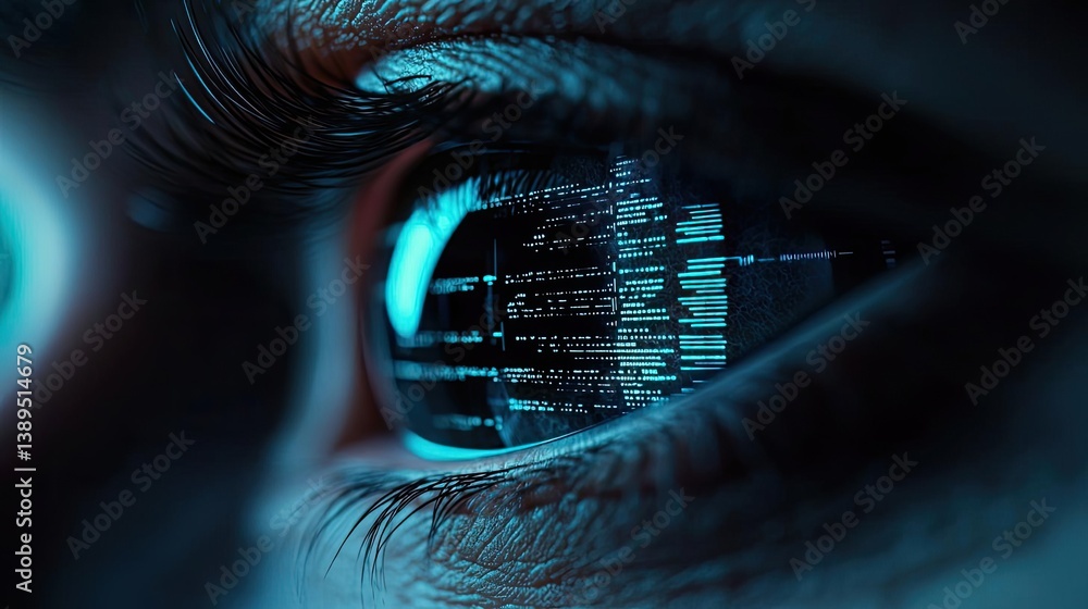Poster close-up human eye with digital intelligence interface concept. a close-up of an eye reflecting digi