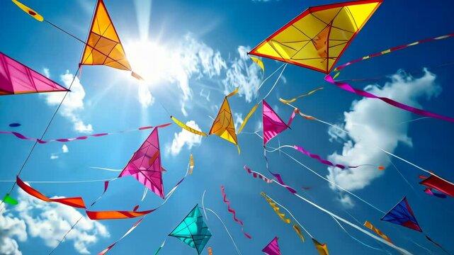 Colorful kite festival, kites soaring in synchronized patterns. Bright ribbons dance in the wind, a spectacle of airborne energy