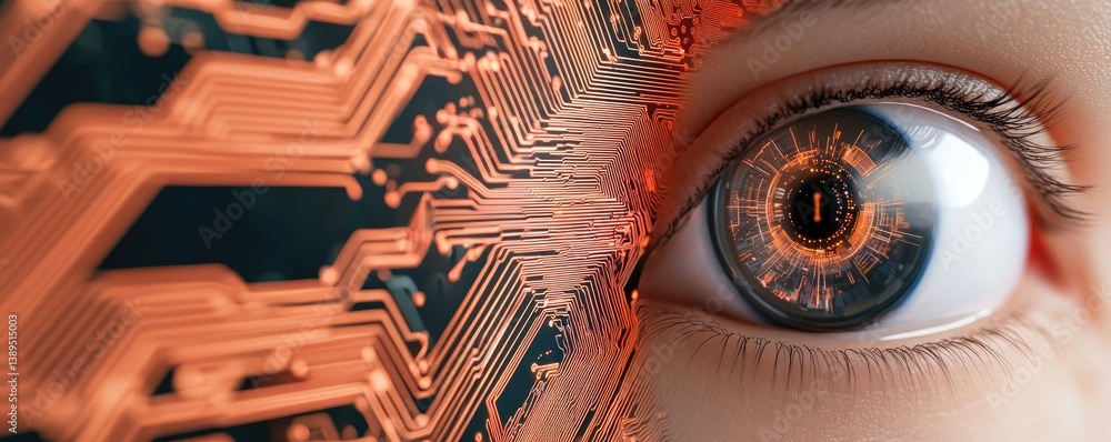 Poster close-up human eye merging with artificial biotechnology concept. a futuristic eye with circuit patt
