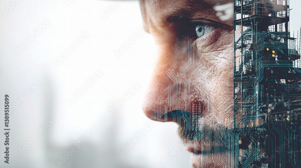 Poster double exposure of engineer's face with circuitry and industrial setting