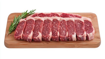 Obraz premium Striploin food concept. Juicy striploin steak sliced and arranged on a wooden board