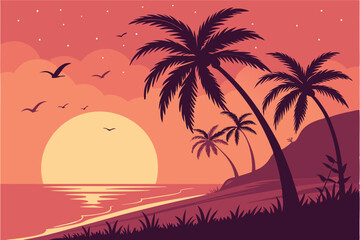 98 Tropical sunset, palm tree silhouettes, gradient sky, vibrant colors, orange and pink hues, large sun on horizon, calm ocean, beach landscape, starry sky, vector art style, flat design, silhouette 