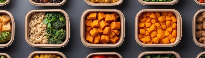 Vibrant arrangement of healthy meal prep boxes featuring colorful vegetables and grains for nutritious dining.