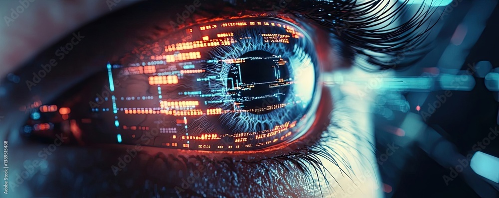 Poster close-up human eye with digital intelligence interface concept. futuristic digital eye with glowing 
