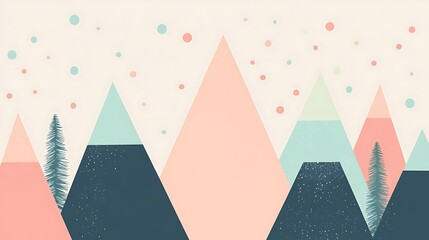 Abstract pastel mountain range with trees and dots.